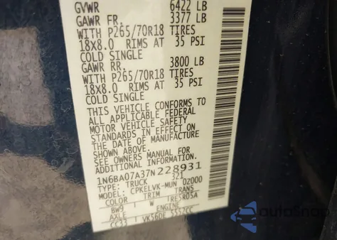 2007 Nissan Titan Le из США, поврежденный, VIN 1N6BA07A37N228931